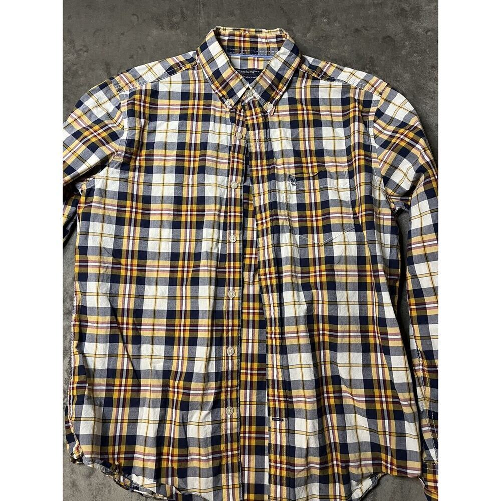 American Eagle Mens Athletic Fit Plaid Button Down Shirt Yellow Navy Blue Size M